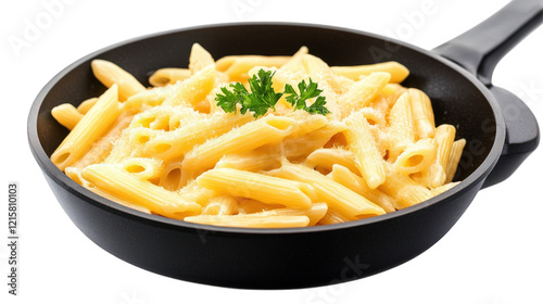 serving of creamy pasta in a black frying pan. garnished with a sprig of parsley the pasta is penne. coated in a rich. cheesy sauce. highlighting a delicious and inviting meal this presentation sugges photo