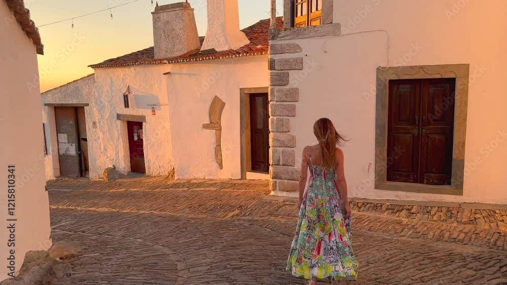 Walking Through the Picturesque Streets of Monsaraz, Portugal, at Sunset.