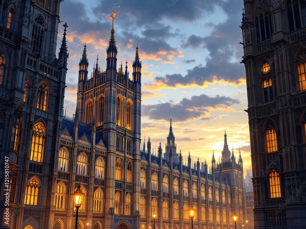 Iconic Gothic building illuminated at dusk with dramatic clouds and rich architectural details.