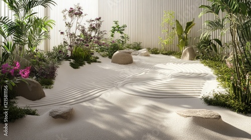 Serene Zen Garden: Tranquil Indoor Japanese Landscape Design with White Sand and Lush Greenery