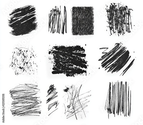 Twelve abstract black ink strokes on white background. photo