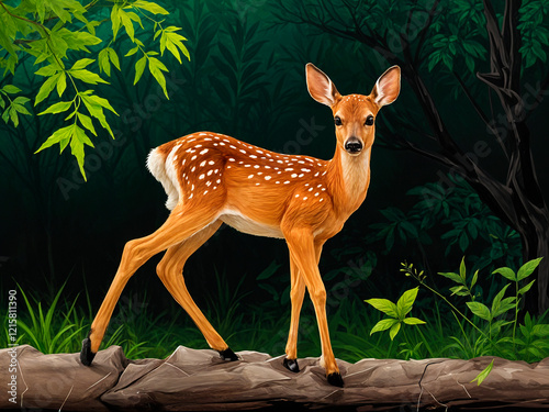 a mix paint brush and graffiti image of a fawn. It is very windy and the fawn can't stand on its legs. fortunately a large majestic deer supports it with its whole body - generated by ai photo