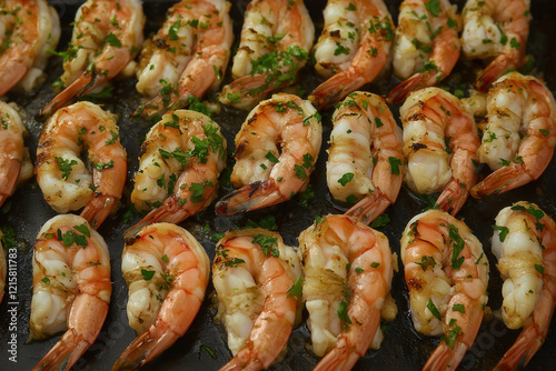 A close-up of grilled shrimp with fresh herbs and seasoning on a dark tray. This appetizing seafood dish highlights gourmet Mediterranean cuisine, packed with protein and flavor photo