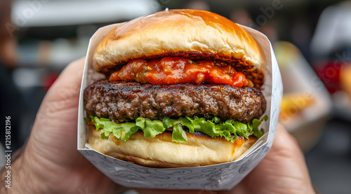A delicious burger featuring a juicy beef patty, fresh lettuce, and savory sauce, served in a soft bun, perfect for a satisfying meal.