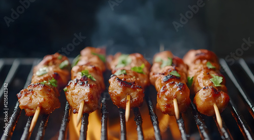 Grilled skewers of marinated meat, garnished with herbs, sizzling over an open flame, creating a delicious smoky aroma.