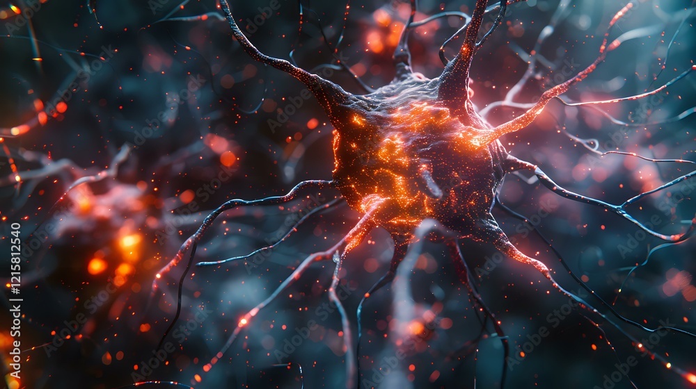 Glowing neural network with orange and blue electrical impulses showing brain cell activity. Scientific visualization of neuron synapses perfect for medical or AI concepts. Glowing neural network with orange and blue electrical impulses showing brain cell activity. Scientific visualization of neuron synapses perfect for medical or AI concepts.