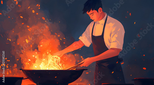 A chef skillfully stirs a dish amidst vibrant flames, creating an intense and dynamic cooking scene.