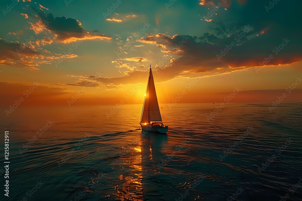 Fototapeta premium Sailboat silhouette gliding across calm ocean waters during dramatic golden sunset, perfect for travel advertising, luxury lifestyle content and inspirational designs.