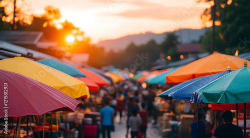 A vibrant outdoor market scene at sunset, filled with colorful umbrellas and crowds enjoying the atmosphere.