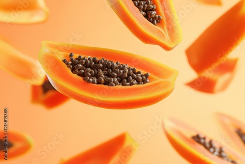 Ripe papaya halves floating against a soft orange background