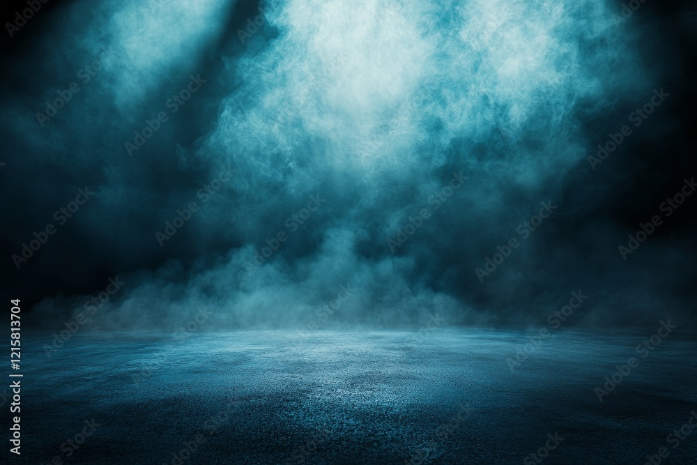Dark smoky blue background with floor, spotlight, and fog. Dark smoky blue background with floor, spotlight, and fog.