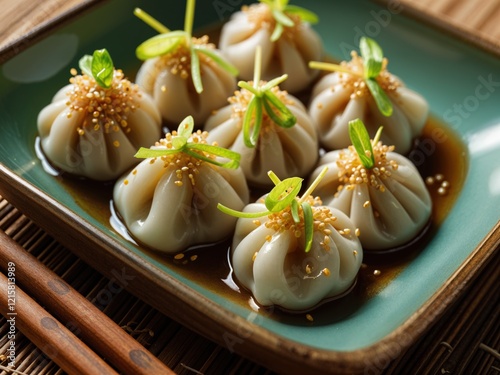 A plate of traditional steamed dumplings garnished with sesame seeds and green onions. A small dish of soy sauce is placed beside the dumplings, with chopsticks resting on the side and a blurred Asian photo