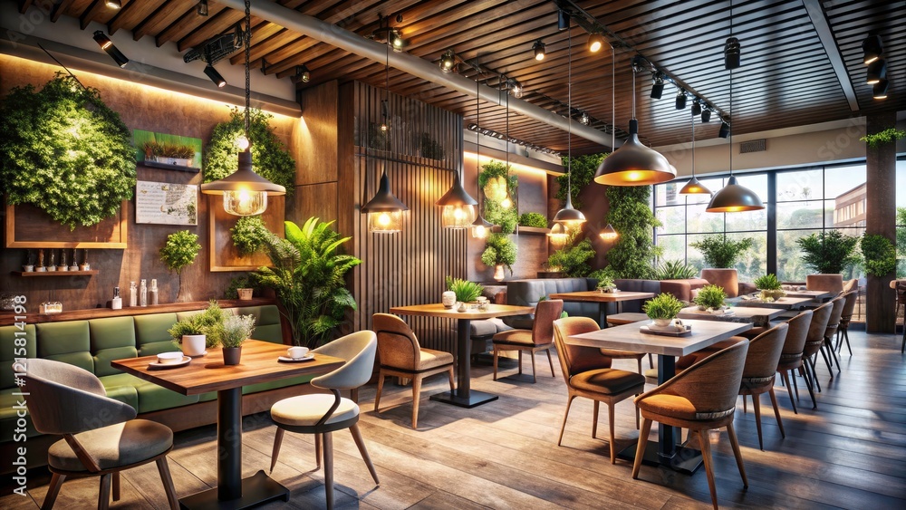 Fototapeta premium Modern Restaurant Interior Design with Cozy Ambiance and Unique Decor Elements for an Inviting Dining Experience
