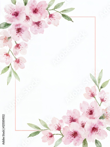 A watercolor flower illustration frame, cherry blossom arrangement in soft pastel pink tones, accented with light green leaves, set against a white background
