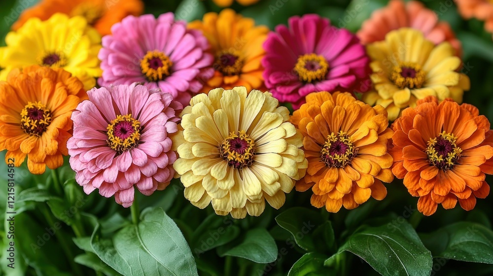 Fototapeta premium A vibrant array of colorful Zinnia flowers in full bloom, creating a captivating floral display