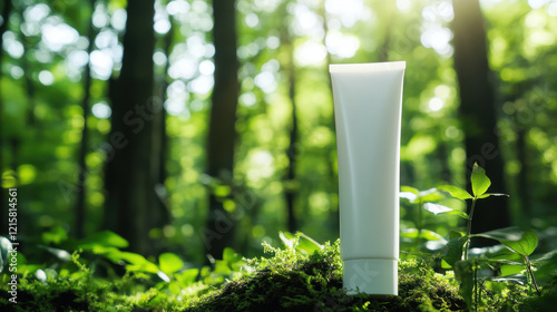 Blank white cosmetic tube on green forest background