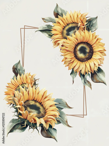 A watercolor flower illustration frame, sunflower composition with vibrant yellow petals, green leaves, and soft brown accents on a white background