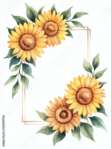 A watercolor flower illustration frame, sunflower composition with vibrant yellow petals, green leaves, and soft brown accents on a white background