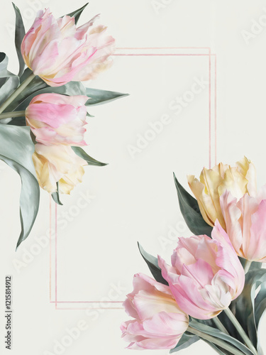 A watercolor flower illustration frame, tulip arrangement with soft pastel pink, yellow, and green tones on a white background. The delicate tulips are framed with simple leaves and surrounded by a mi