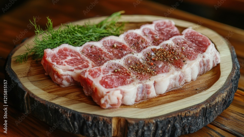 Freshly Cut Meat with Spices on Wooden Plate Surrounded by Green Herb Garnish for Culinary and Gastronomic Imagery Freshly Cut Meat with Spices on Wooden Plate Surrounded by Green Herb Garnish for Culinary and Gastronomic Imagery