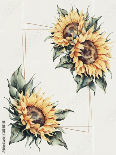 A watercolor flower illustration frame, sunflower composition with vibrant yellow petals, green leaves, and soft brown accents on a white background