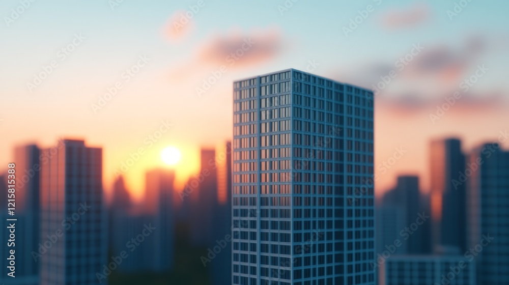 Modern Skyscraper at Sunset in a Cityscape with Soft Blur and Warm Lighting Modern Skyscraper at Sunset in a Cityscape with Soft Blur and Warm Lighting