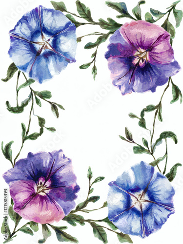 A watercolor flower illustration frame, morning glory design featuring vibrant blue, purple, and pink flowers with trailing green vines on a white background