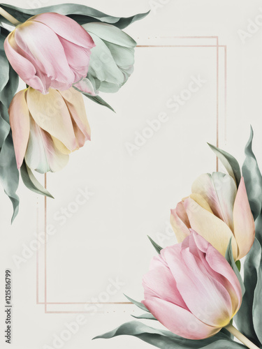 A watercolor flower illustration frame, tulip arrangement with soft pastel pink, yellow, and green tones on a white background. The delicate tulips are framed with simple leaves and surrounded by a mi