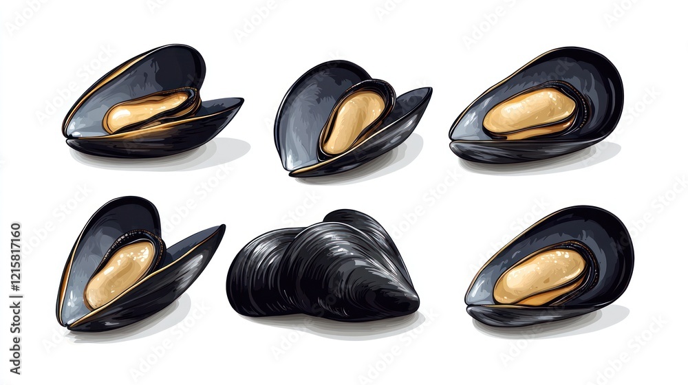 Fototapeta premium Six illustrations of mussels in various positions, isolated on white.