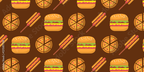 collection of food seamless pattern background with icons of hamburger, pizza, hot dog on brown white and yellow background.