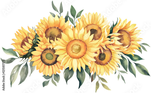 A watercolor flower illustration frame, sunflower composition with vibrant yellow petals, green leaves, and soft brown accents on a white background