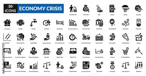 Economy crisis glyph icon collection set. Includes recession, downturn, unemployment, inflation, poverty, debt, collapse, deflation, shortage, bankruptcy, instability, crisis, loss, devaluation