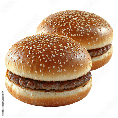 Two sesame seed burger buns filled with patties, ready to be served as a meal.