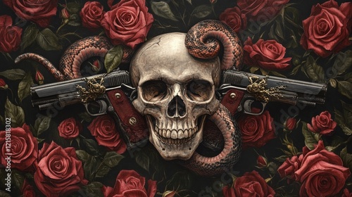 Skull with snakes and pistols amidst red roses