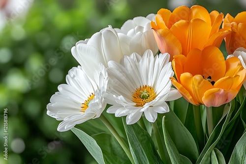 Vibrant tulip and daisy floral arrangement indoor nature background close-up view photo