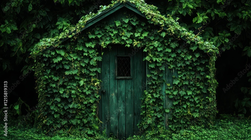 Overgrown shed, ivy-covered, forest, mystery, nature, design Overgrown shed, ivy-covered, forest, mystery, nature, design