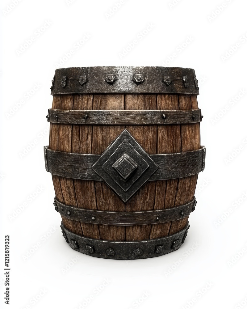Fototapeta premium Wooden barrel with iron bands and decorative metal plate.