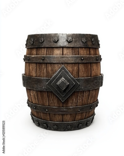 Wooden barrel with iron bands and decorative metal plate. photo