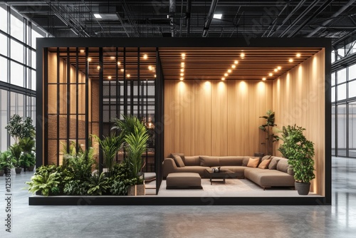 Modern modular lounge in industrial exhibition hall, showcasing plants and comfortable seating