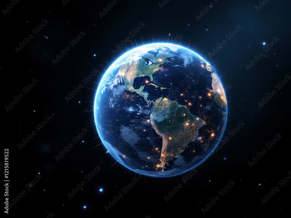 Fototapeta premium Nighttime Earth with glowing city lights and network connections across the globe.
