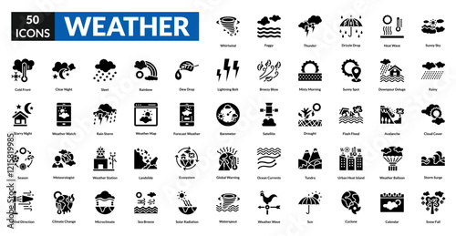 Weather glyph icon collection set. Includes sunshine, rain, storm, clouds, snow, temperature, wind, thunder, forecast, humidity, lightning, breeze, weather vane, precipitation, barometer