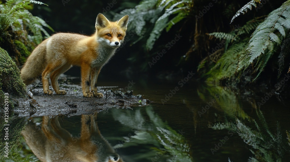 Obraz premium Red fox by forest stream, reflection, wildlife