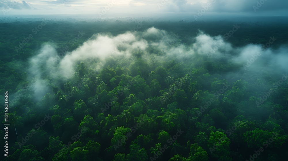 Aerial view misty rainforest sunrise, cloudscape Aerial view misty rainforest sunrise, cloudscape