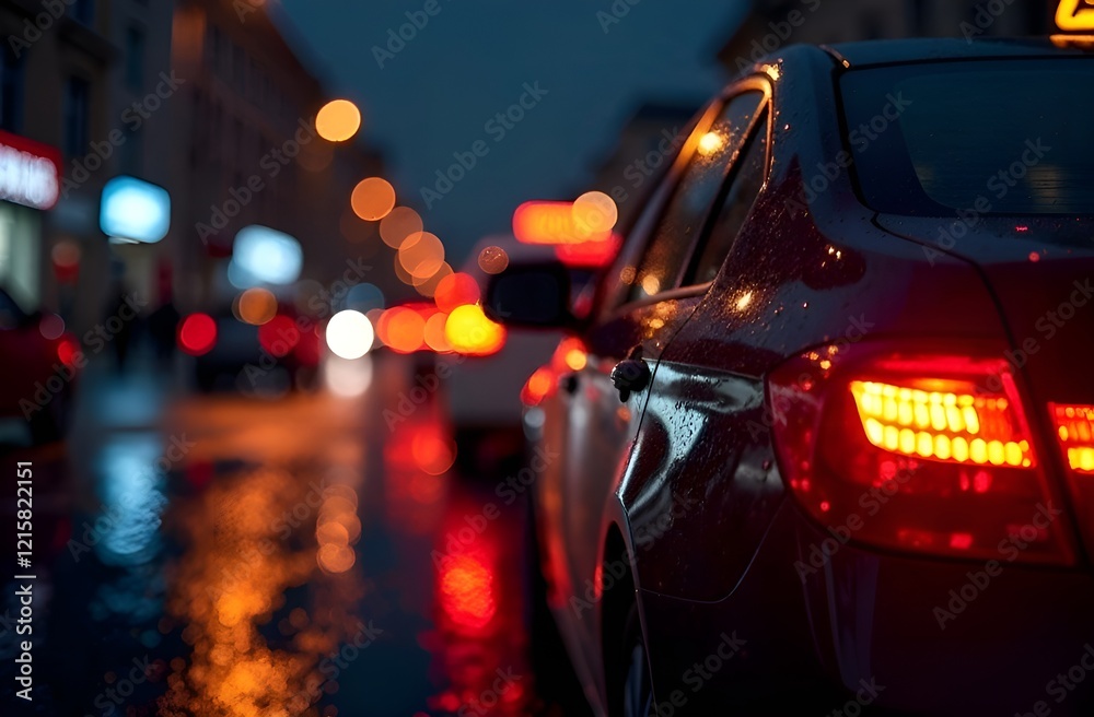 a taxi's rear lights in the rain, with the reflection of the lights blurred on the wet city street a taxi's rear lights in the rain, with the reflection of the lights blurred on the wet city street