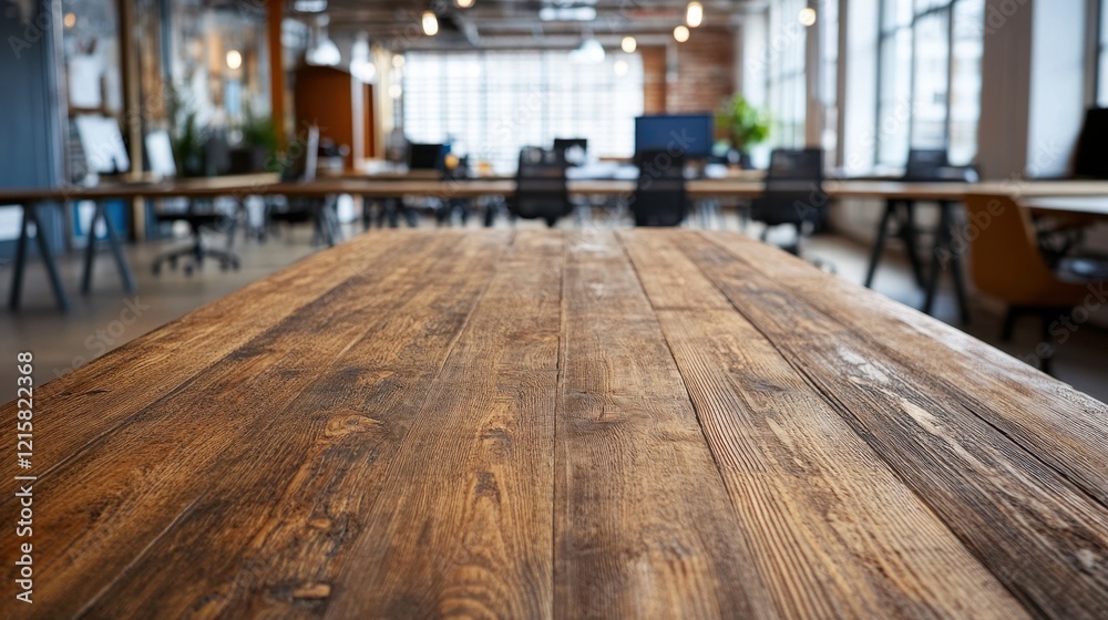 Rustic wooden table in blurred office setting. Perfect for product display or showcasing workspace themes. Rustic wooden table in blurred office setting. Perfect for product display or showcasing workspace themes.
