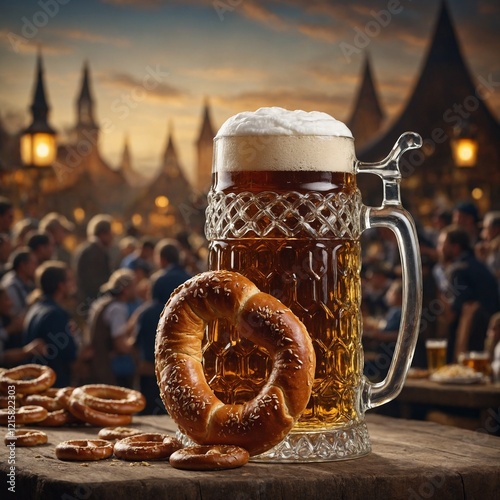 A frothy beer stein with a pretzel on the side, served at an Oktoberfest setting.
