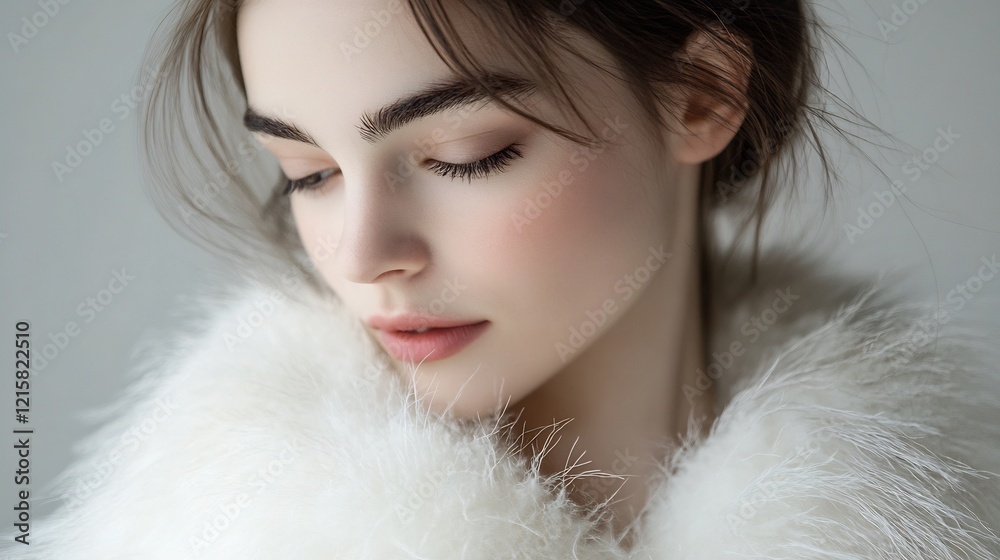 Serene woman gently rests in soft light delicate white fur. AI Generated Serene woman gently rests in soft light delicate white fur. AI Generated