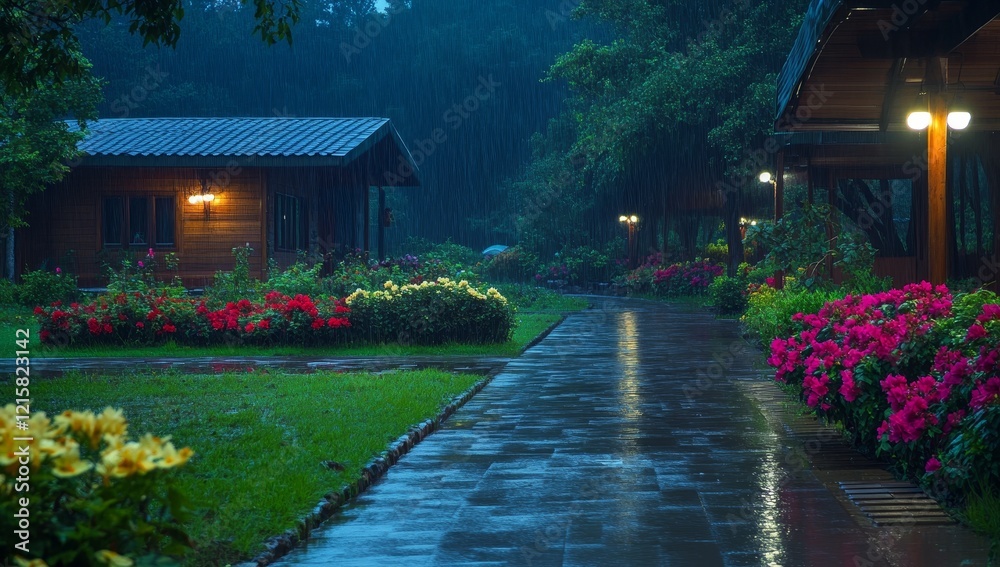Obraz premium Rainy night scene, walkway between illuminated cabins and vibrant flowers.