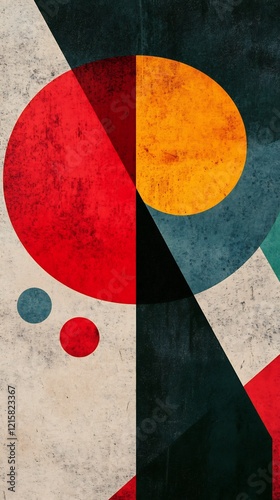 Vibrant geometric abstract art boldly displays warm hues and textured circles. AI Generated photo