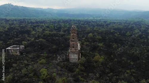 Old Church of San Juan Parangaricutiro engulfed by Paricutin’s lava flow photo